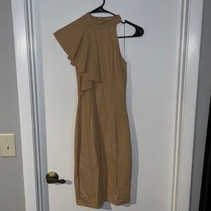 Tan fitted one shoulder high neck dress US size small